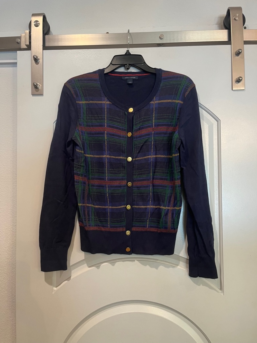 Vintage Tommy Hilfiger Navy Plaid Button-Front Women's Cardigan Sweater.